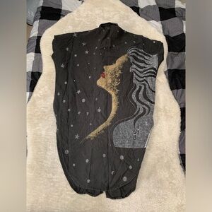 VTG TOP Y2K Lady Print Long Shirt Button Black Dress‎ One Size Music London